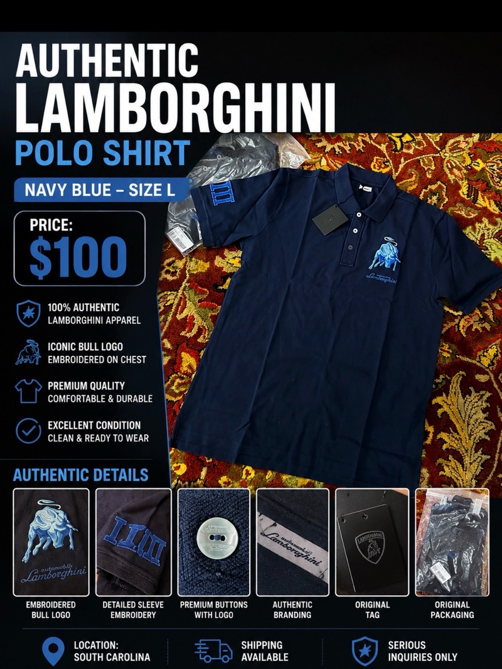 Mens new Authentic 100% Lamborghini  polo shirt,size XL fit L new with tag